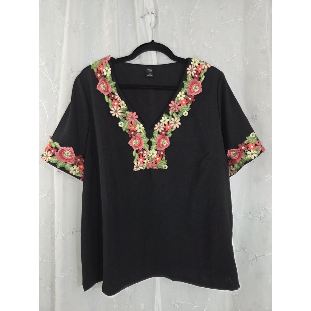 Emory Rose Floral Embroidered Trim Black Shirt‎ 2XL Flowers